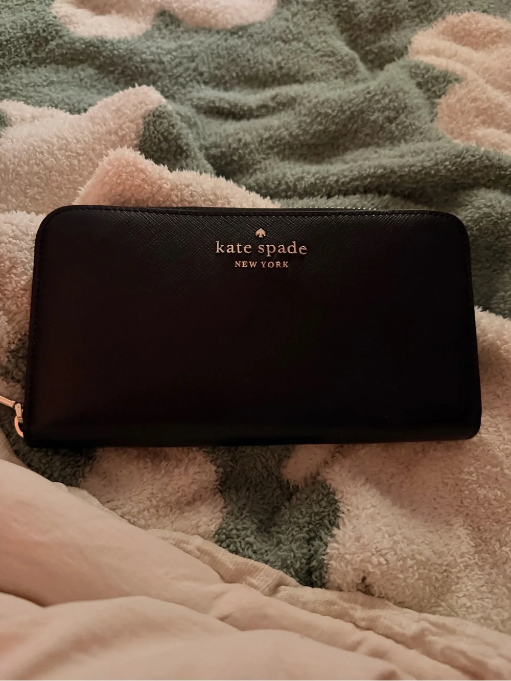 kate spade Black Saffiano Zip Around Wallet with Gold Logo